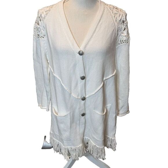 Akira ART TO WEAR White Long Button Cardigan FRINGE  Jacket Cottagecore SZ S - Picture 1 of 6